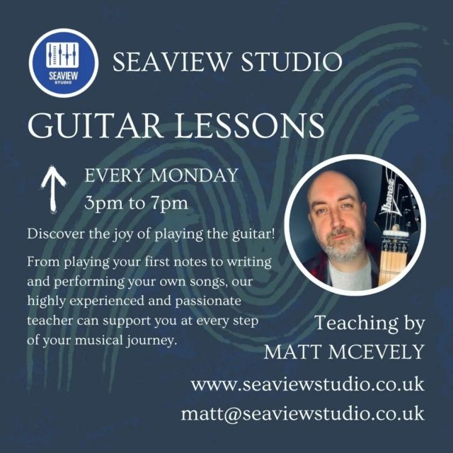 🎸 Guitar Lessons with Matt Mcevely 🎸
Available every Monday from 3pm-7pm at Seaview Studio!

We’re thrilled to have such a talented musician like Matt on our team, sharing his expertise with all our aspiring guitarists. 🎶 Don't miss out on the chance to learn from one of the best!

#GuitarLessons #MattMcevely #SeaviewStudio #MusicEducation #learnguitar #folkestonemusic 
#folkestonemusictown